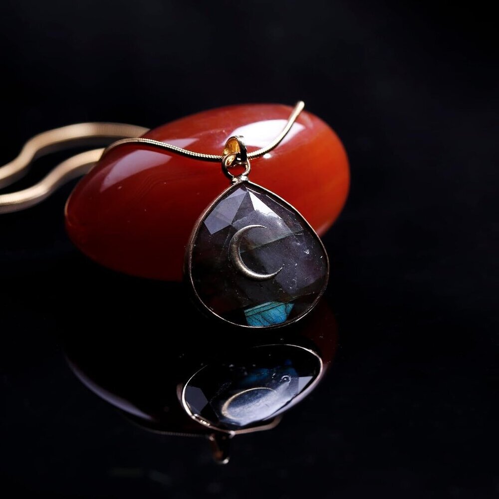 Gold Labradorite Crescent Moon Water Drop Pendant Necklace, Spiritual Jewelry - Picture 7 of 7